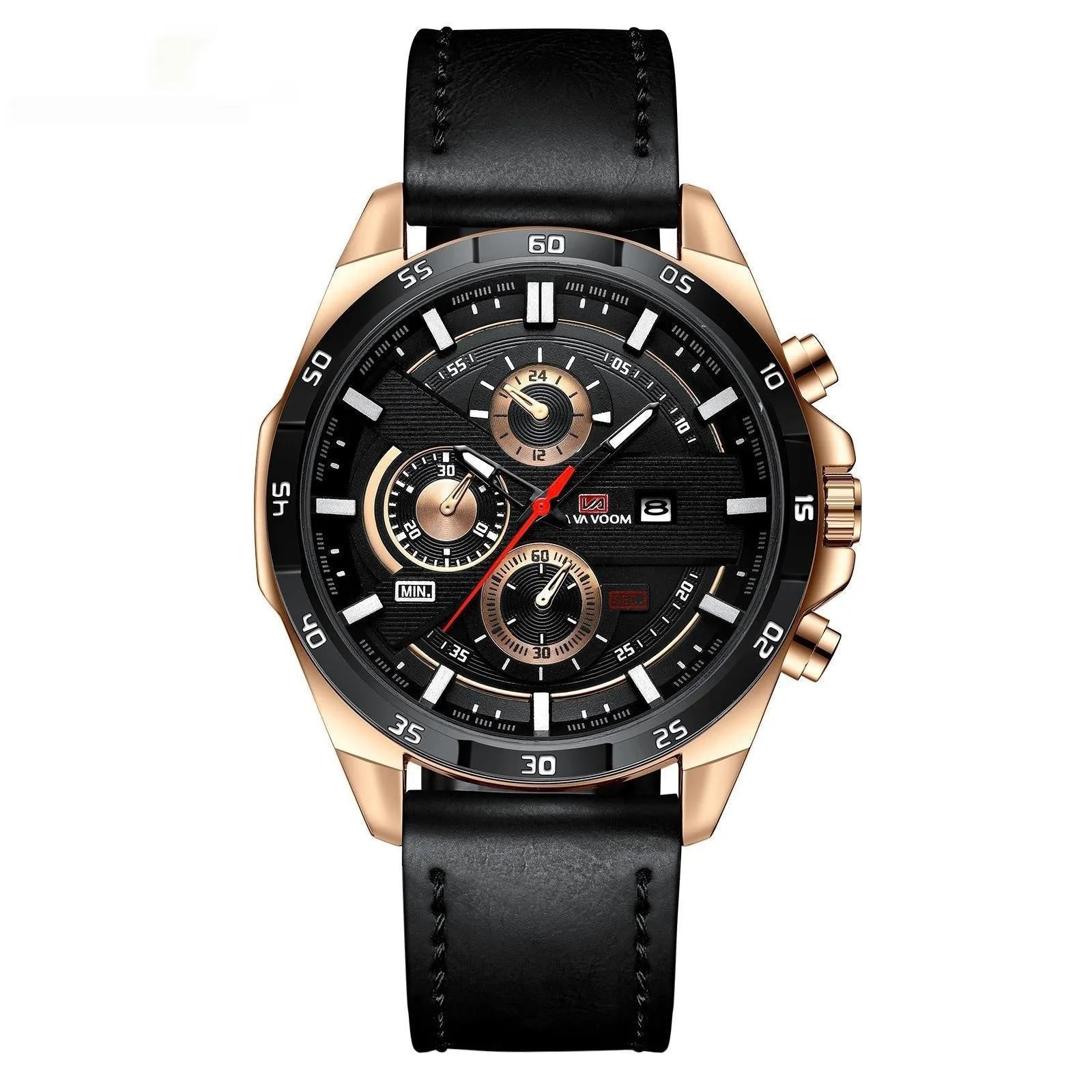 Men's casual quartz watch with calendar on brown leather-look strap and white dial.
