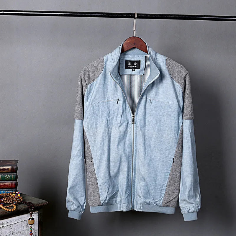 Men's thin cotton linen jacket in blue, displayed on a hanger