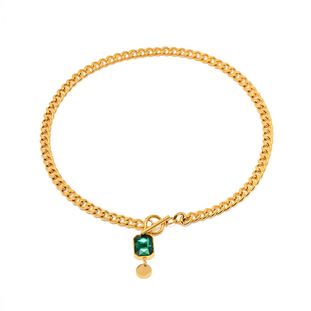 Gold French retro zircon pendant necklace with geometric round design on Cuban link chain