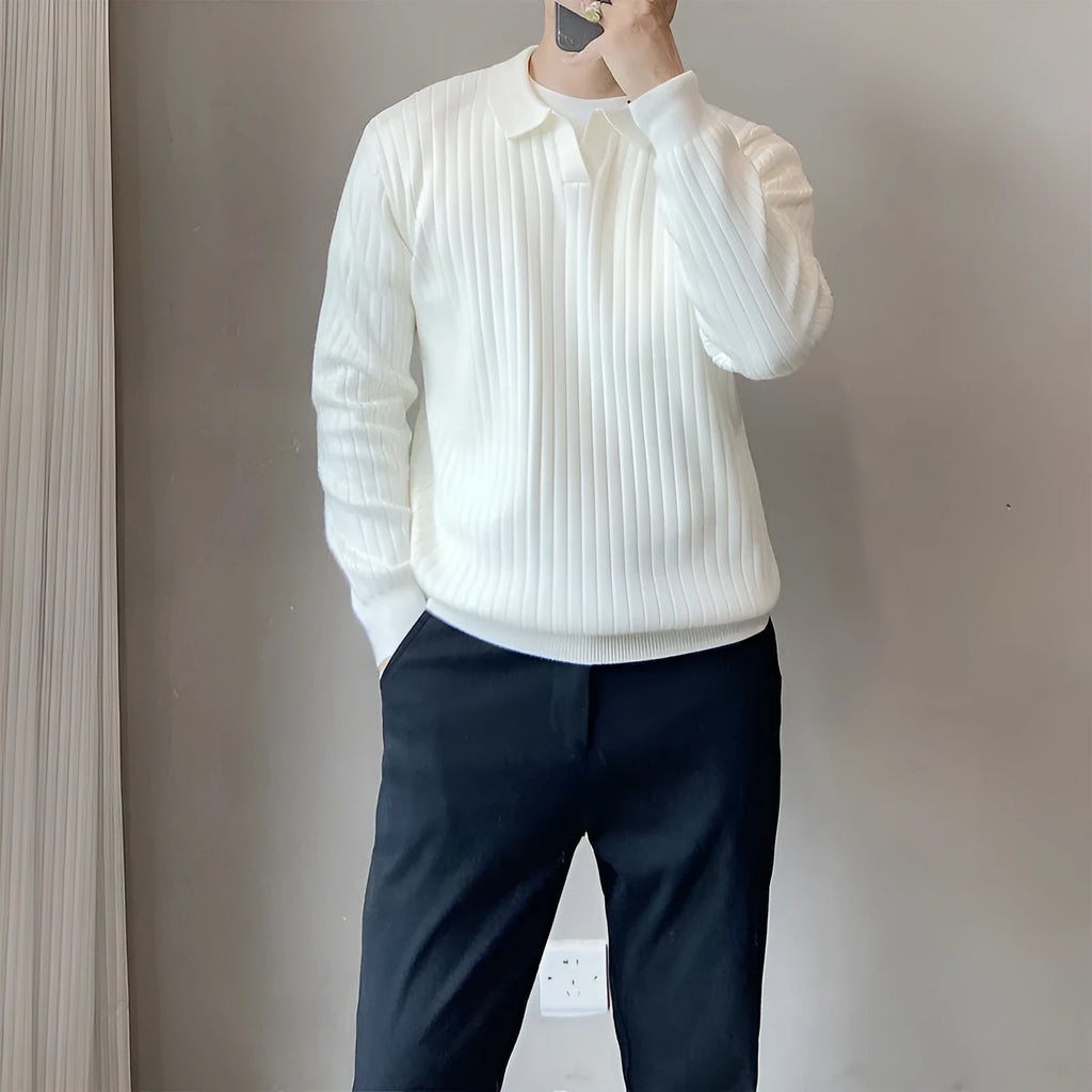Men's loose striped lapel knitted sweater in modal and rabbit fur blend, shown in army green.