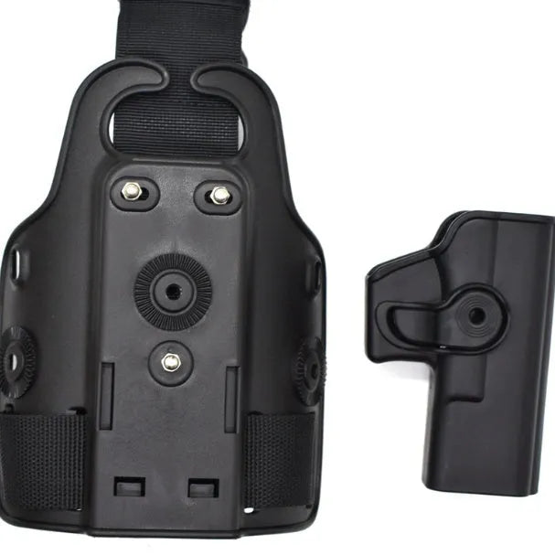 Green tactical plastic leg holster with quick-pull design shown on a model, suitable for outdoor sports.