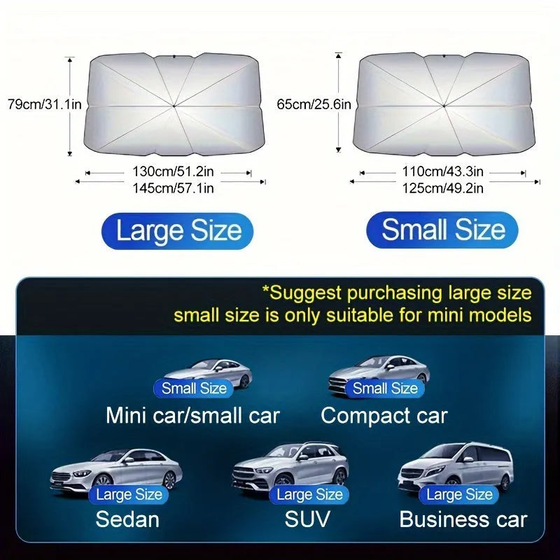 Foldable car windshield sunshade umbrella shown open and folded with automatic rebound button