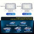 Foldable car windshield sunshade umbrella shown open and folded with automatic rebound button