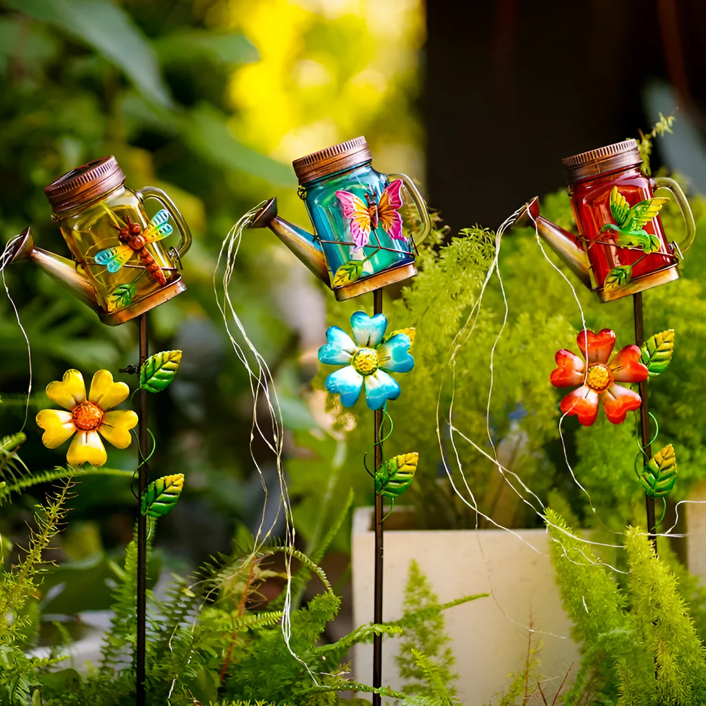 Solar iron kettle lamp with butterfly design, IP44 waterproof, 79.5cm tall for outdoor garden use