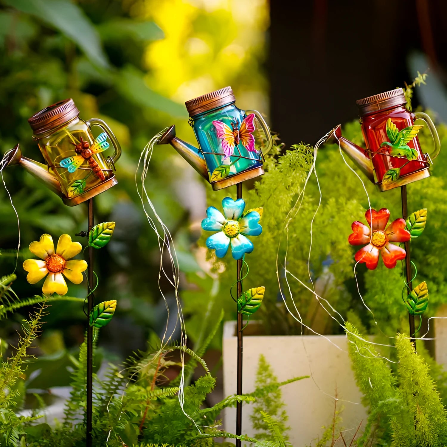 Solar iron kettle lamp with butterfly design, IP44 waterproof, 79.5cm tall for outdoor garden use