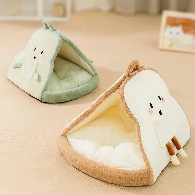 Green winter cat tent pet house with deep cave bed design and soft blanket inside.