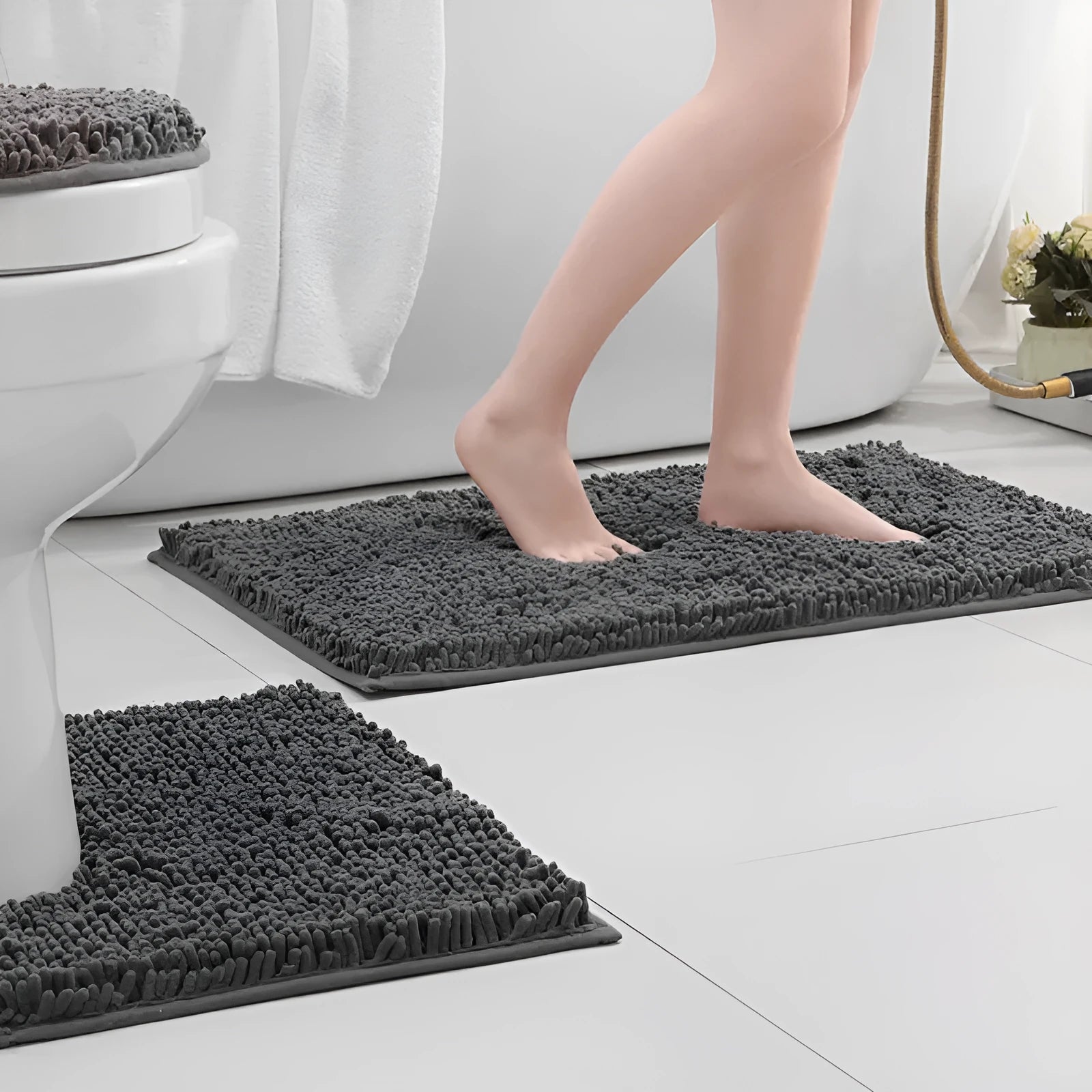 Long hair chenille three-piece bathroom carpet set showing U-shaped toilet mat and two rectangular mats in modern style.