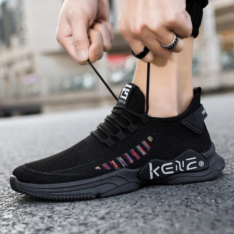 Men's breathable flying weave sports casual shoes flat heel round toe colour block design