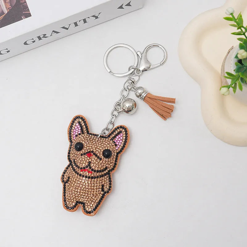 French dog rhinestone keychain pendant with animal design and tassel attachment