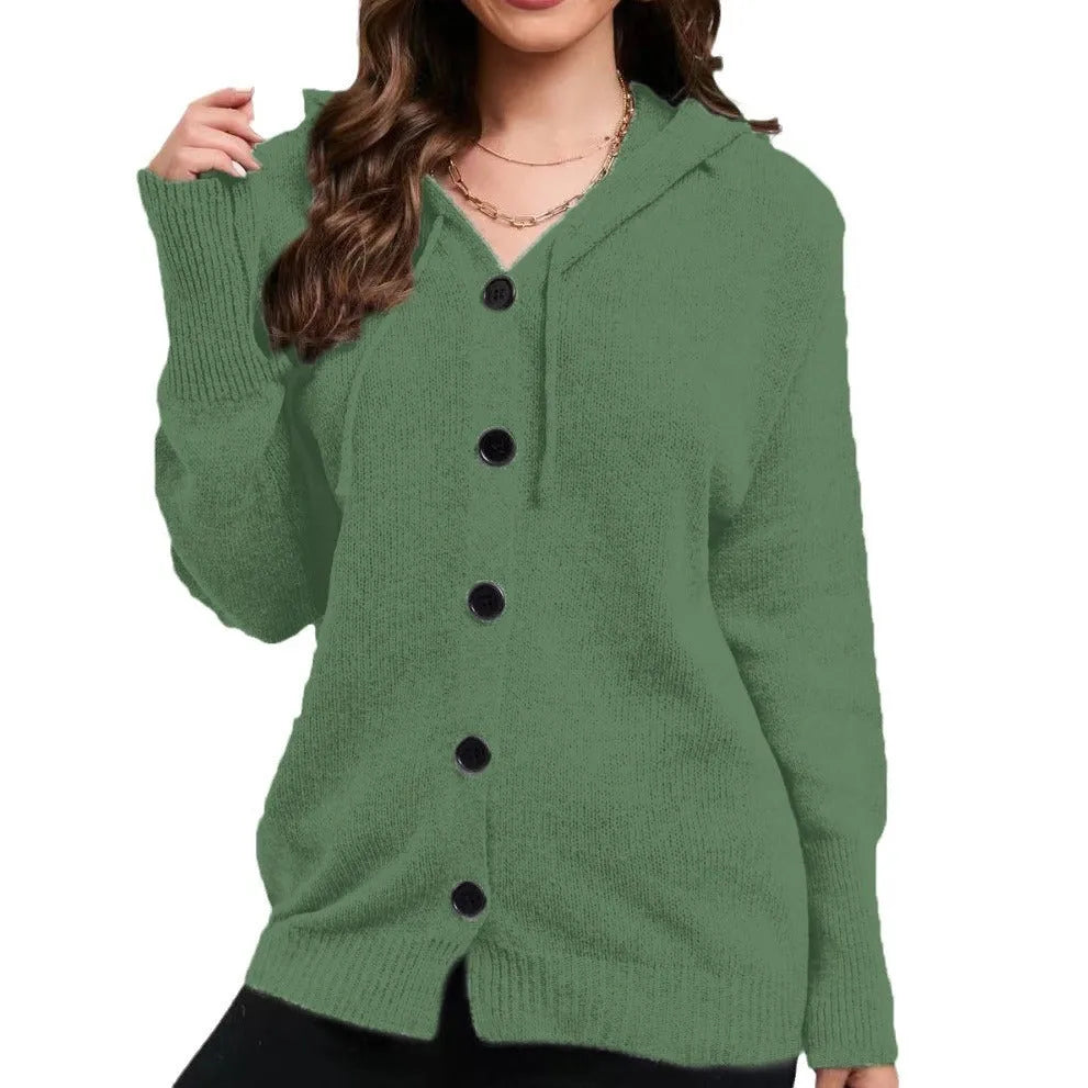 Women's loose fit hooded cardigan in coloured cotton, shown in army green.