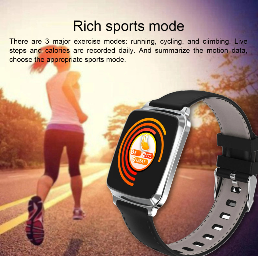 M8 multi-function smart bracelet in black on a wrist, showing the full-touch screen and zinc alloy body.