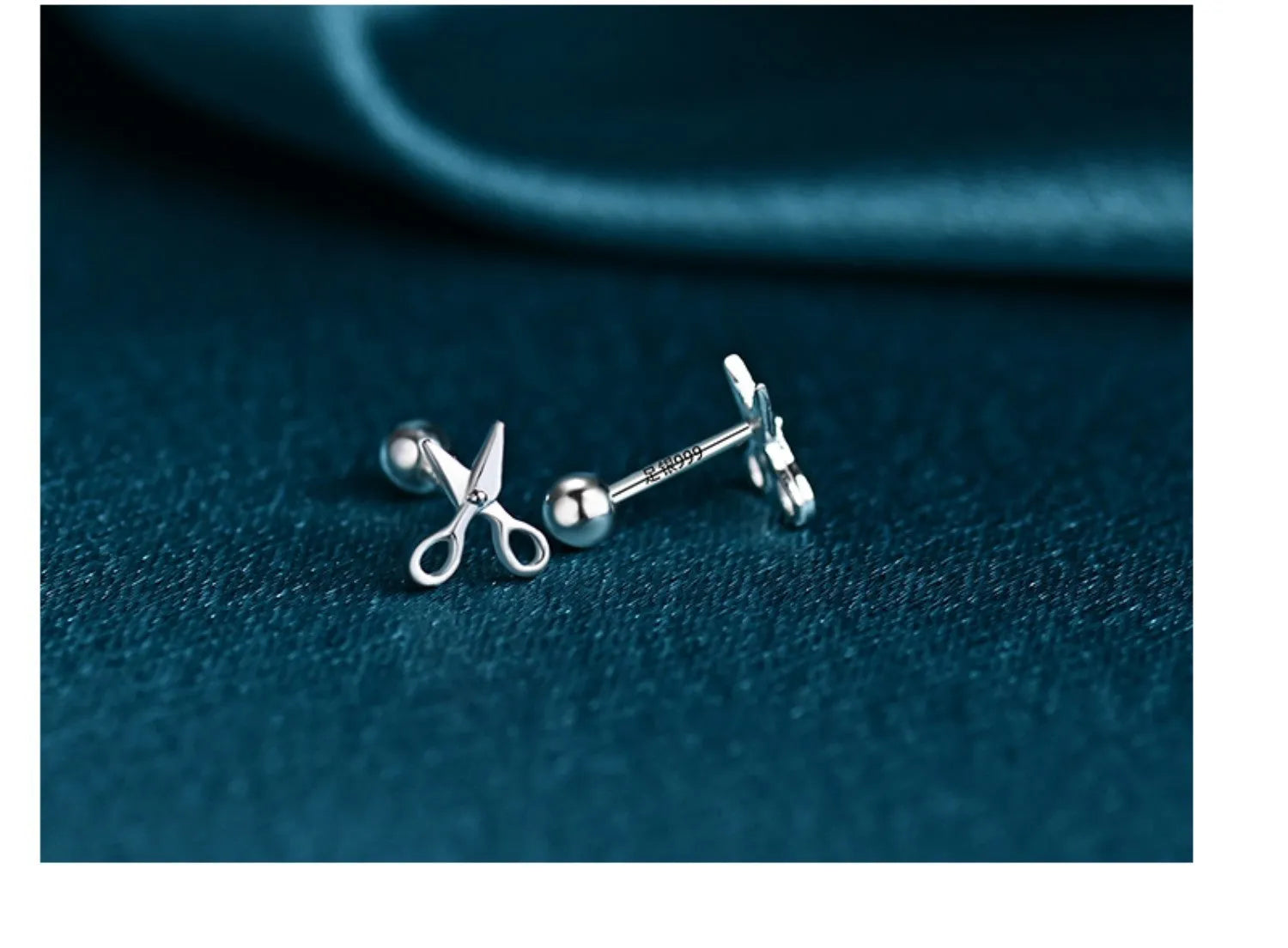 Pure silver ear nail earrings with screw closure and mini scissors screws detailing