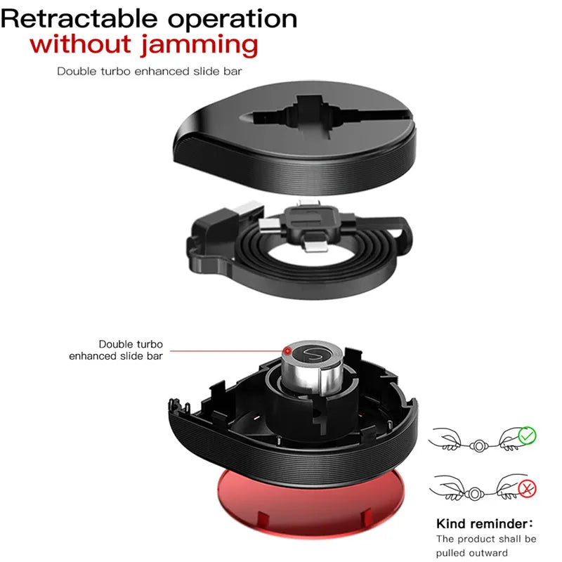 Black telescopic three-in-one fast charging data cable extended to 1 metre, showing Micro-USB, Lightning, and Type-C connectors.