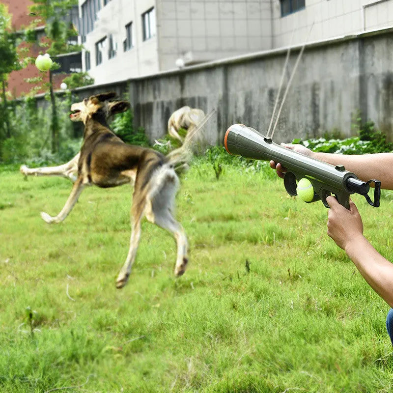Black ABS plastic tennis ball launcher gun for dogs with two tennis balls