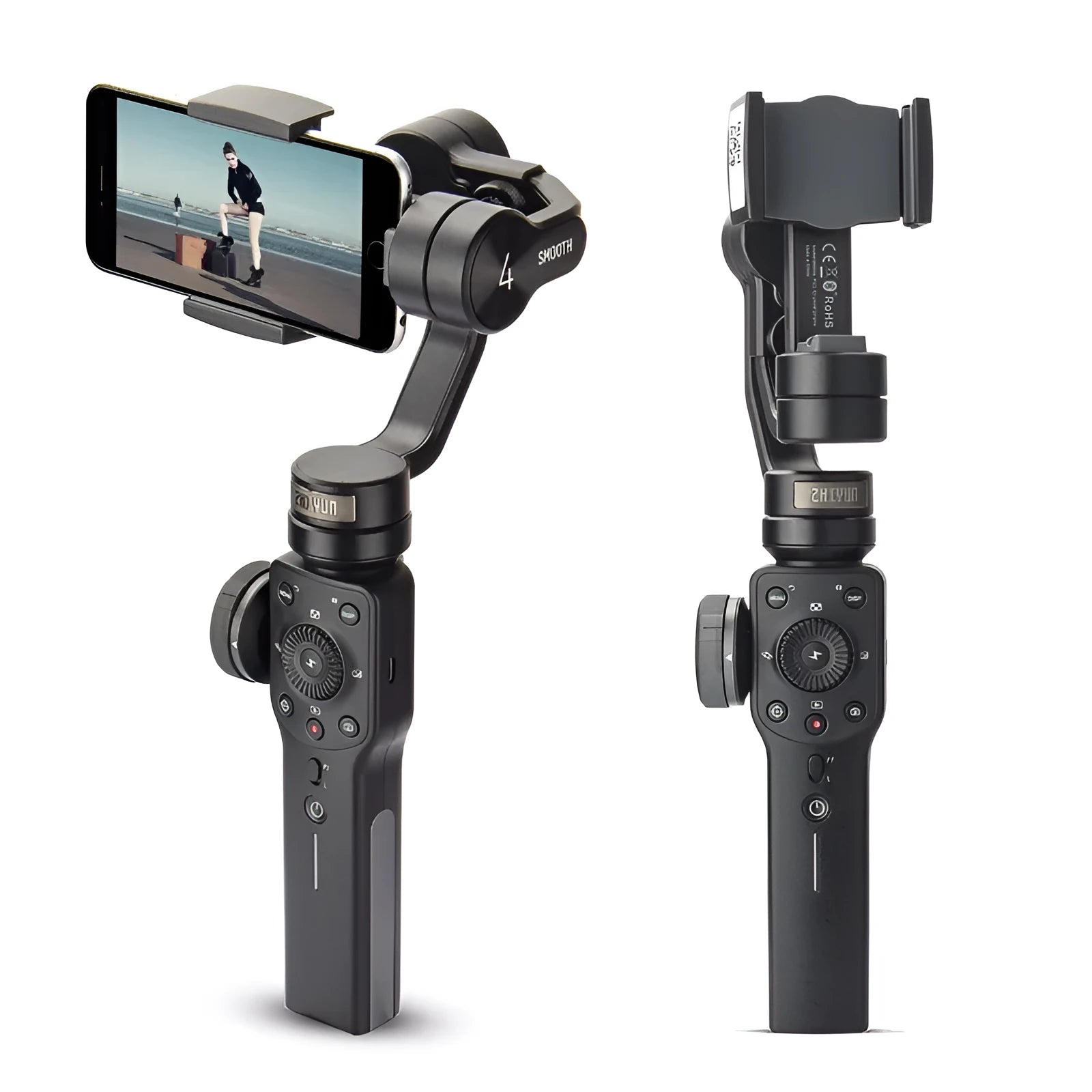 Black handheld mobile phone gimbal stabilizer on a table, made from ABS plastic.