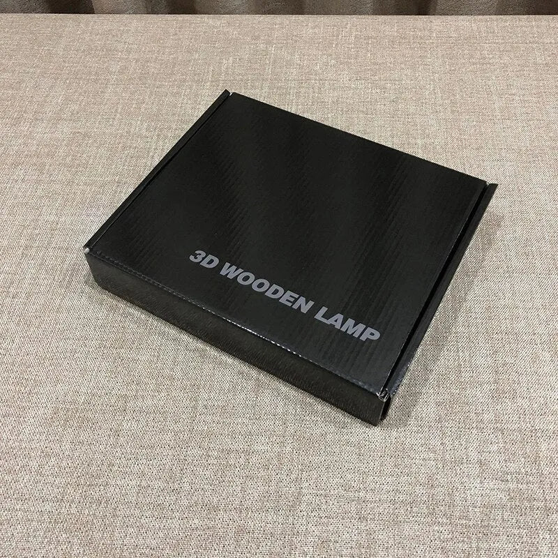 Square pine wood USB LED atmosphere lamp with warm white light on a table.