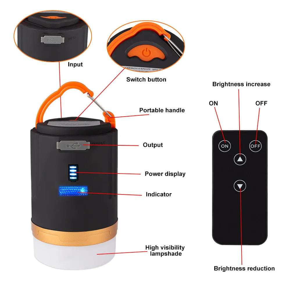 Black rechargeable IPX6 LED camping light with remote control, hanging hook and top magnet on white background