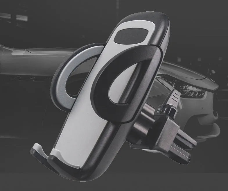 Black plastic car air conditioning outlet mobile phone holder mounted in vehicle vent