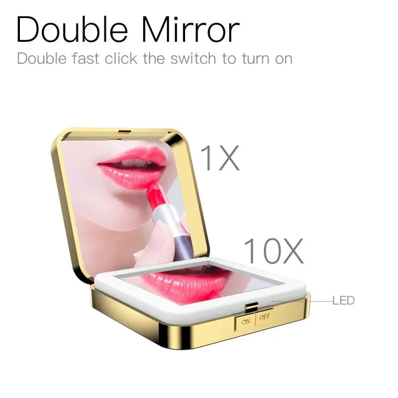 Black and white lighted makeup mirror showing standard and 4x magnifying circles with illuminated ring light.