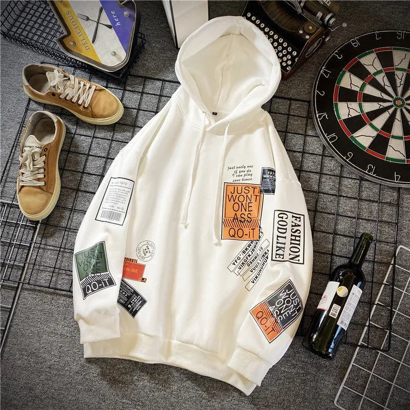 Printed hoodie long sleeve pullover with hood, cotton blend, 85% polyester, eight colours, sizes M to 5XL