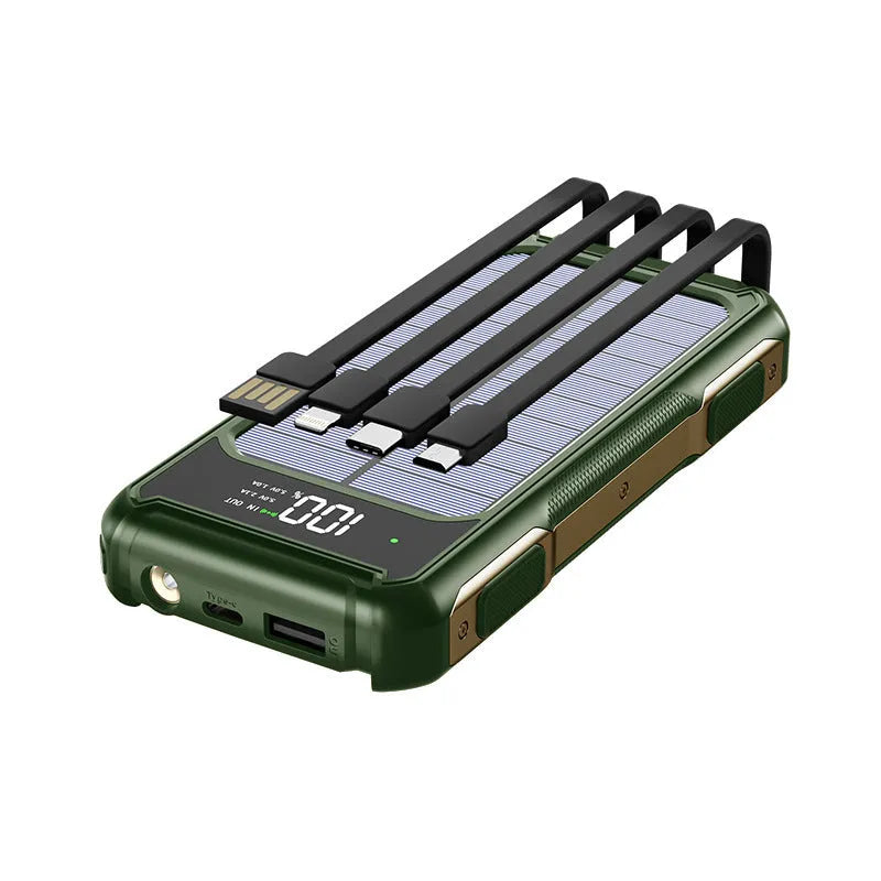 Military-grade portable power bank in black, green, or orange, showing compact size and high capacity.
