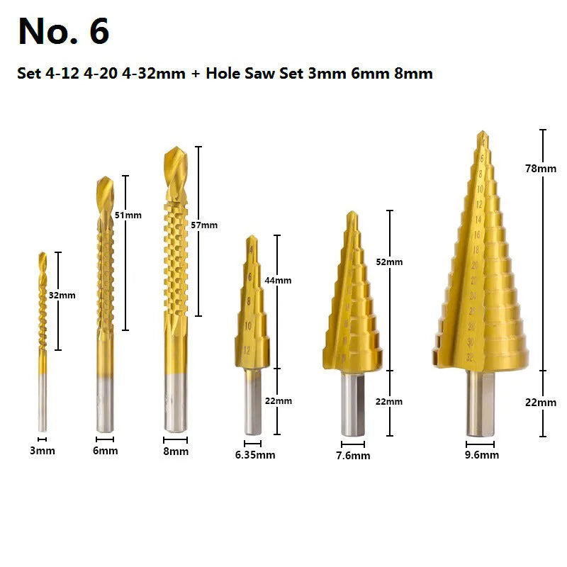 High speed steel step drill bit set with centre punch for metal and wood drilling