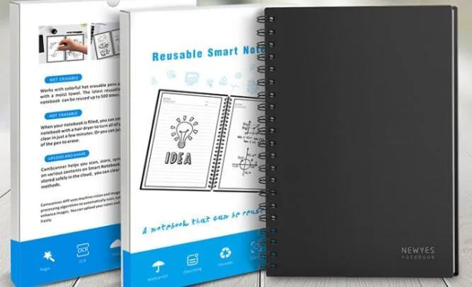 Black rewritable paper notebook open with spiral binding, erasable pen, and B5 size sheets