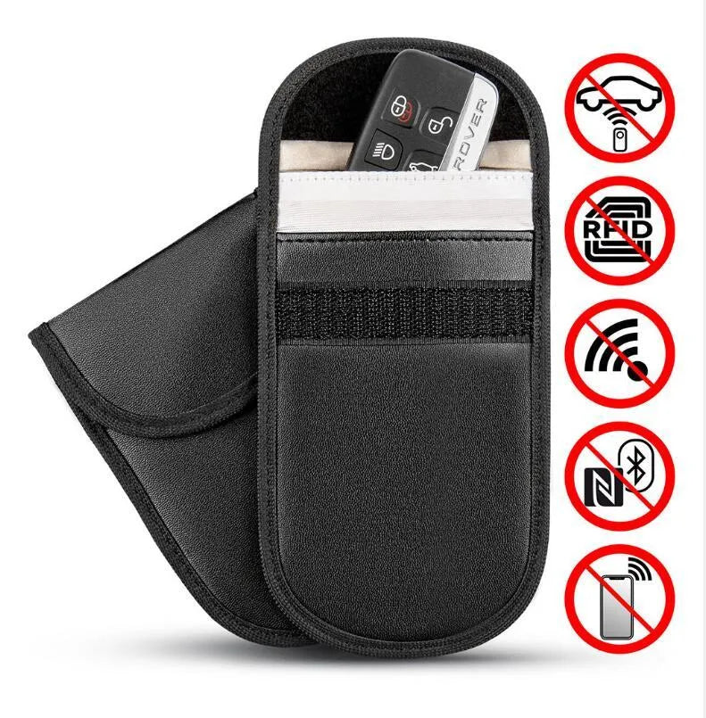 Black microfiber faraday bag for blocking car key fob and RFID card signals.