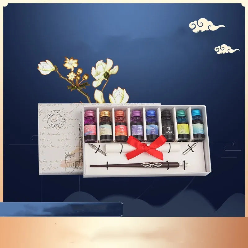 Wooden dip pen calligraphy set with coloured ink bottles in wooden presentation box