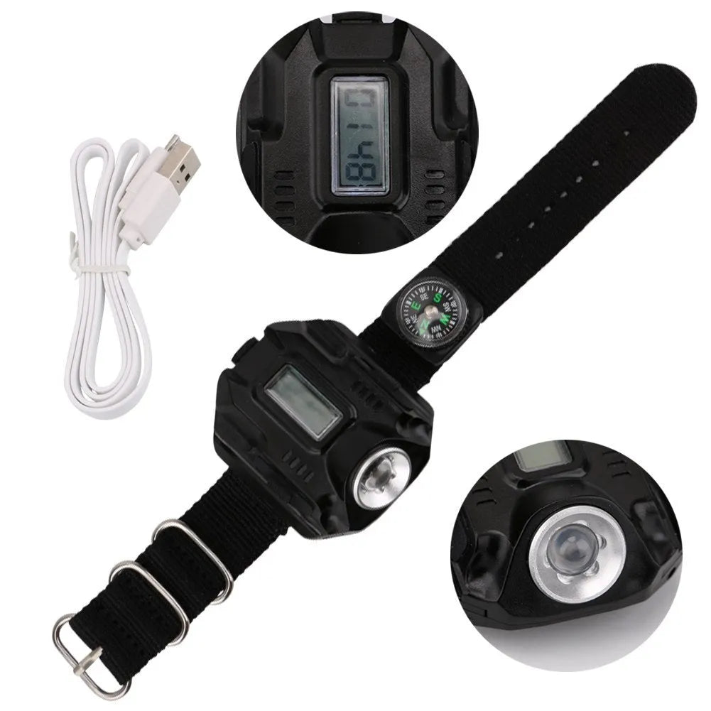 Black LED wrist watch flashlight with USB charging, 4 modes, compass, time display and 22 x 2.4 cm wristband