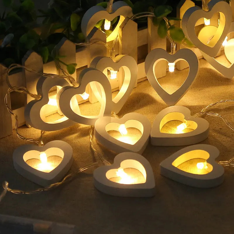 Wooden love lantern string with warm white LED lights hung on a fence, 1.5m length, battery box and USB control