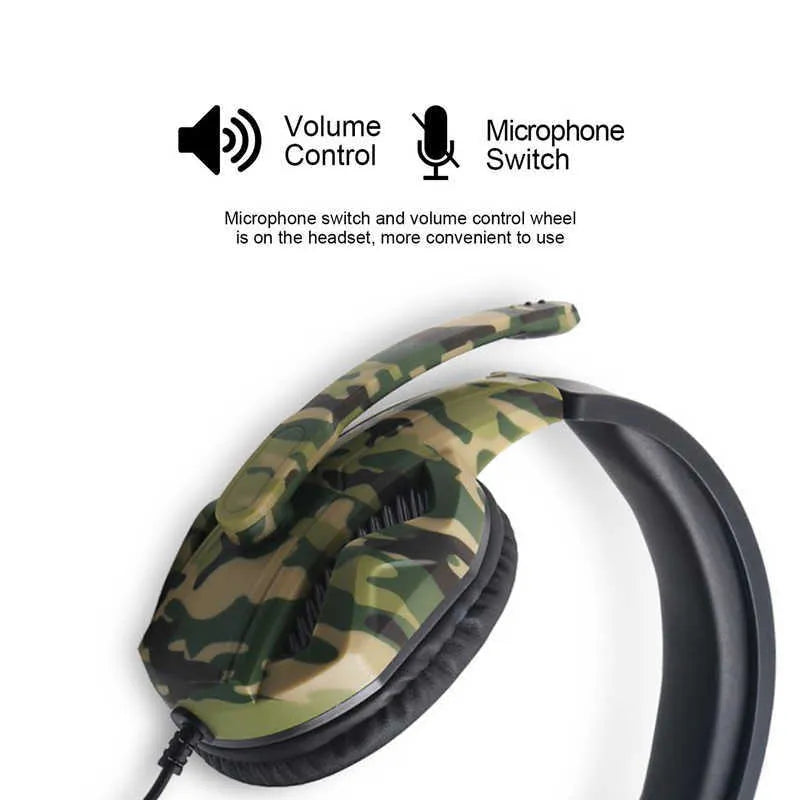 Camouflage wired gaming headset with 50mm subwoofer and microphone on a dark background