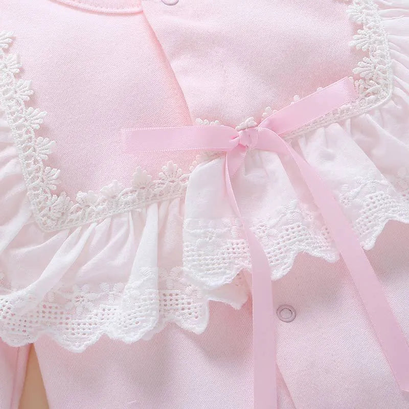 Baby one-piece cotton romper in pink for infant girls with 90% cotton content