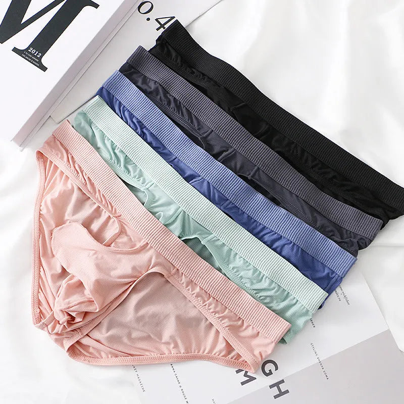 Men's low waist briefs in Ice Silk fabric showing available colours: black, grey, light green, pink, purplish blue.