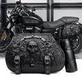 Pair of black PU synthetic leather motorcycle side luggage bags mounted on a modified bike frame.