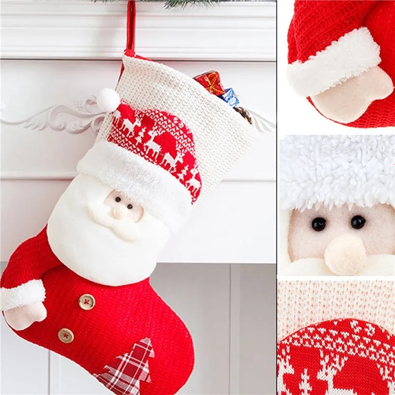 Large red and white knitted Christmas stocking with Santa Claus design hanging on fireplace