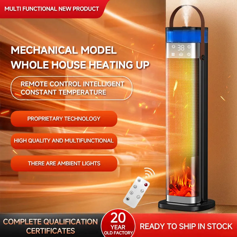 Intelligent vertical heater with humidification function and remote control in compact design