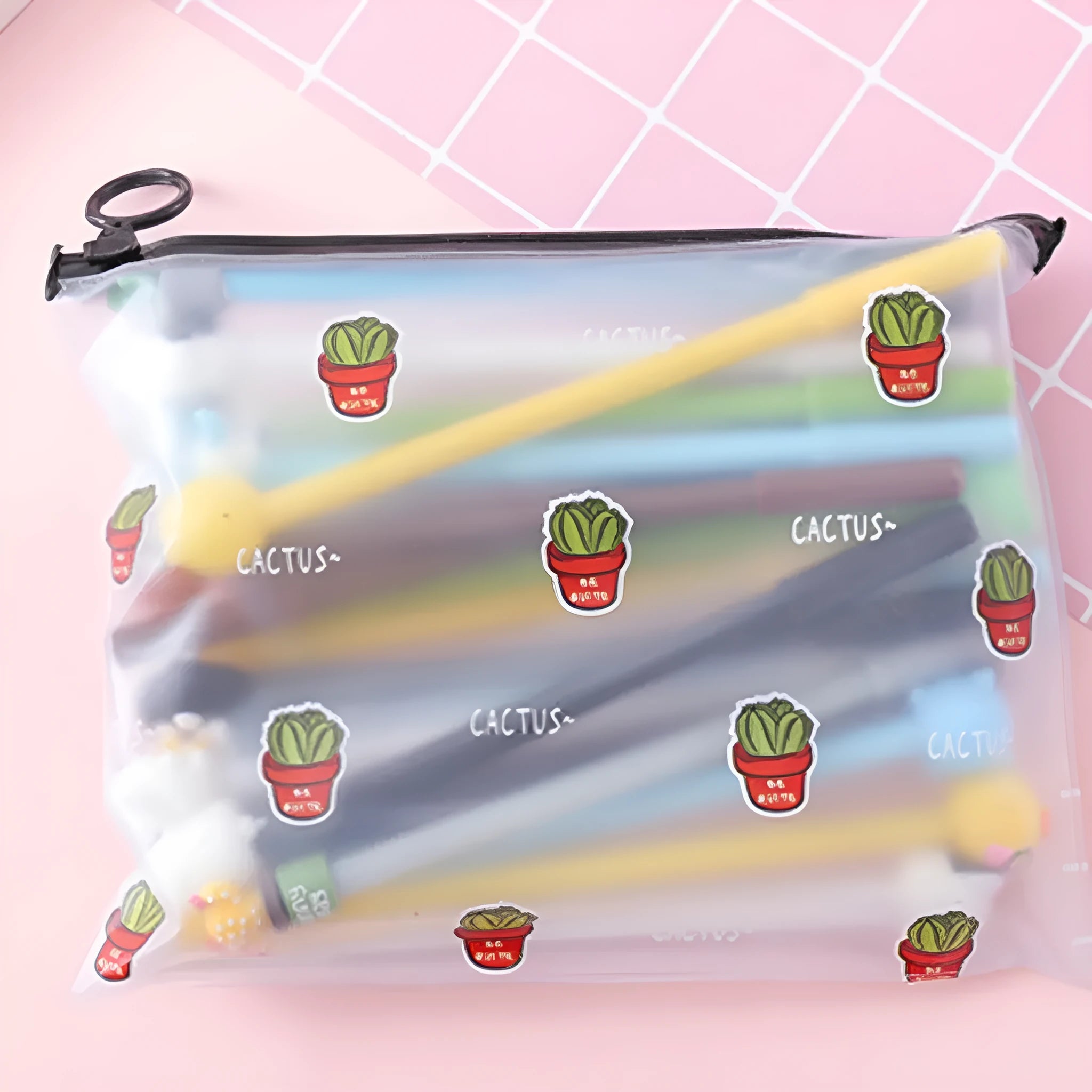 Marvel cartoon cactus pen set showing 20 black 0.5mm pens in plastic storage case