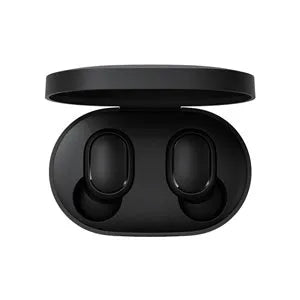 Redmi AirDots 2 black true wireless earbuds and charging case on a white background