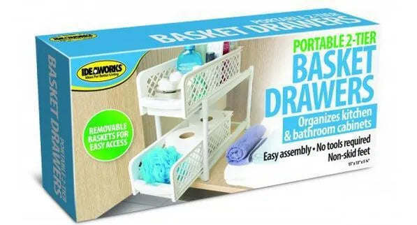 White plastic two-tier desktop storage rack 41.5x19.3x9.3cm on countertop with toiletries