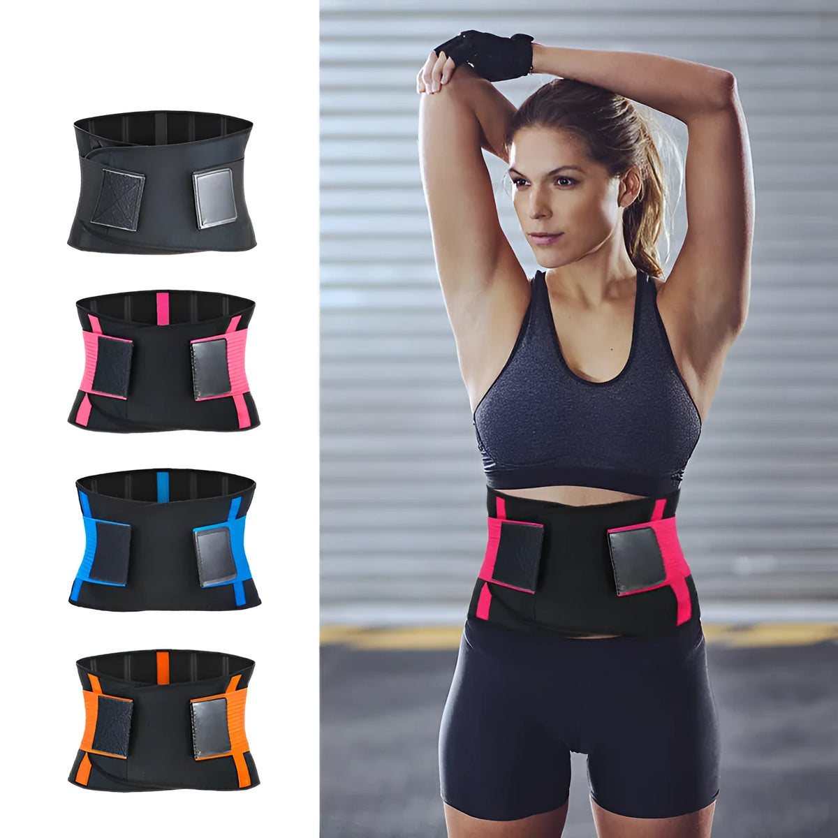Neoprene sports waist belt with silicone anti-skid and adjustable Velcro, shown in black, blue, deep pink, orange, or pink.
