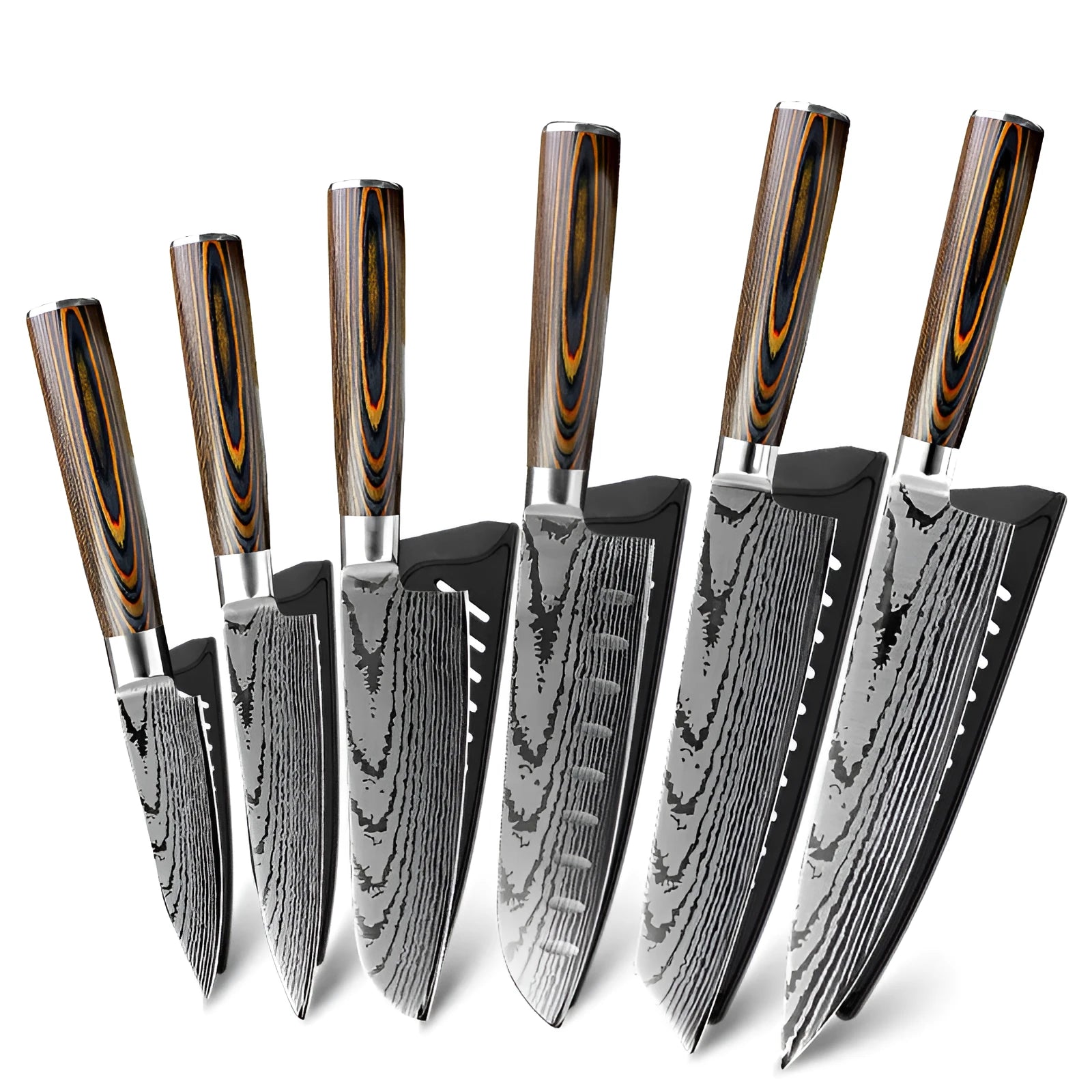 6-piece 7CR17 stainless steel knife set with wooden handles and laser Damascus pattern on silver blades