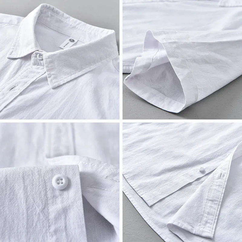 Man wearing a light grey loose-fitting short-sleeved cotton cardigan-style shirt.