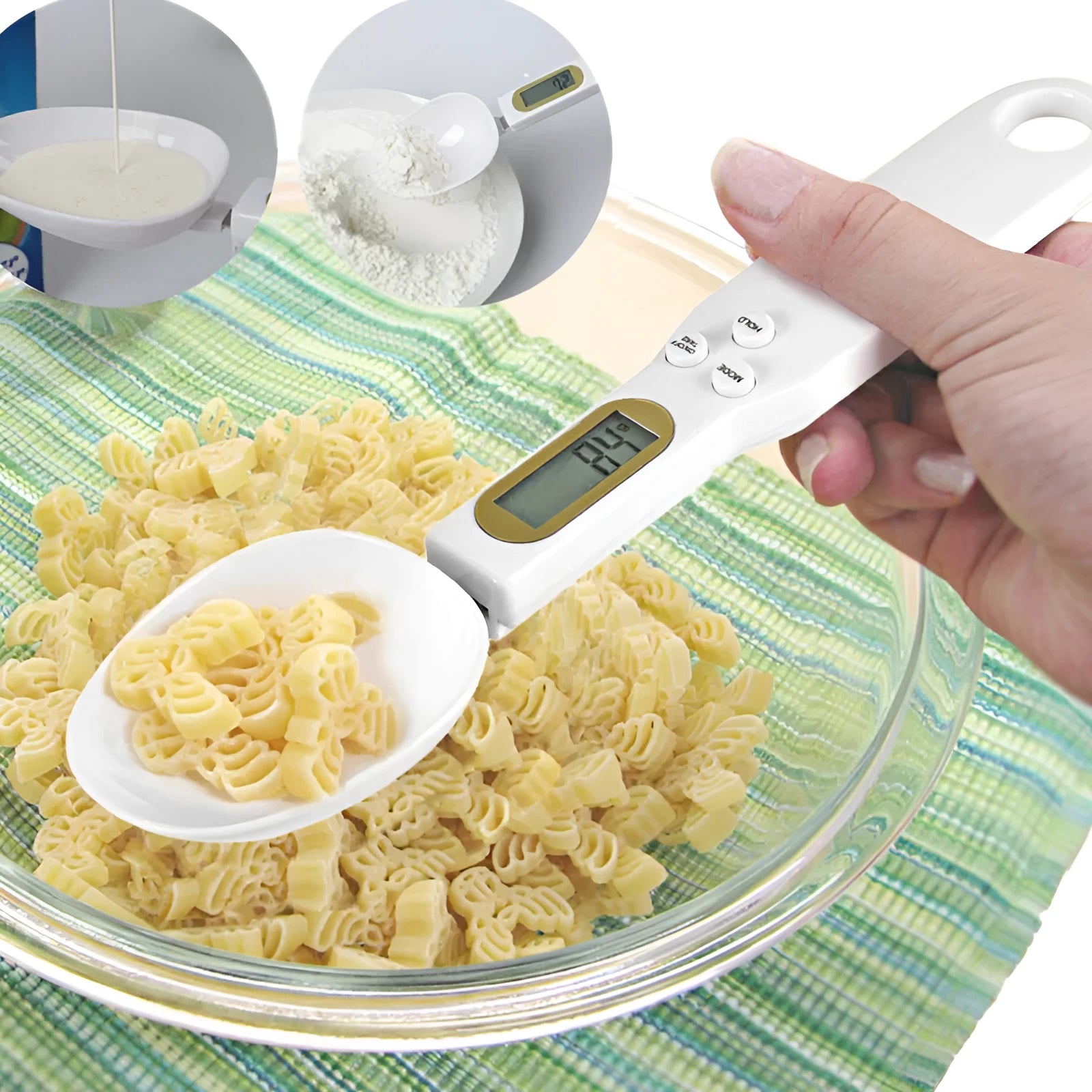 Digital kitchen spoon scale with LCD display showing weight measurement