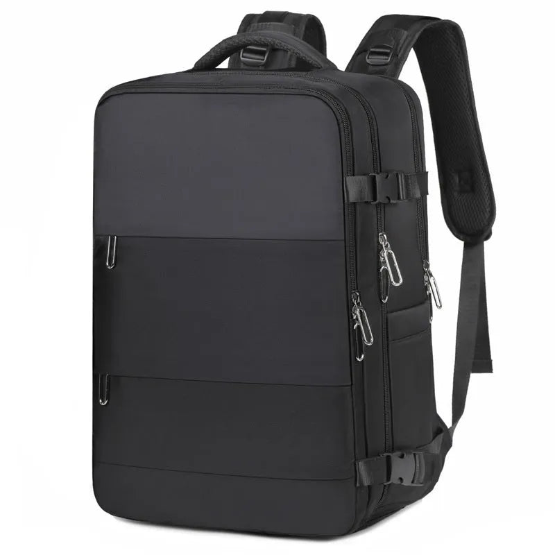 Large purple travel backpack with laptop compartment and air pillow shoulder straps shown open to reveal internal organisation pockets.