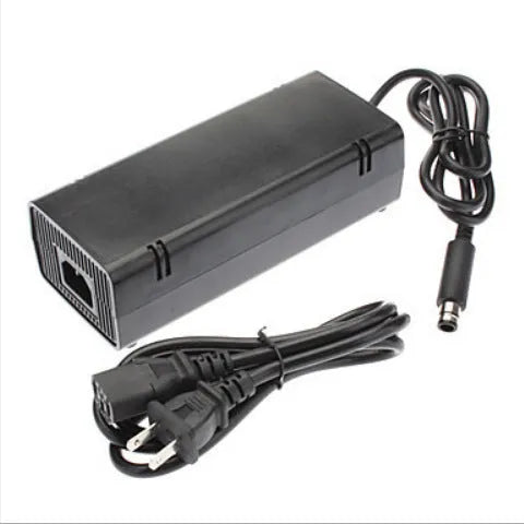 Black Microsoft XBOX 360E AC power adapter with regional plug options for 110V console models
