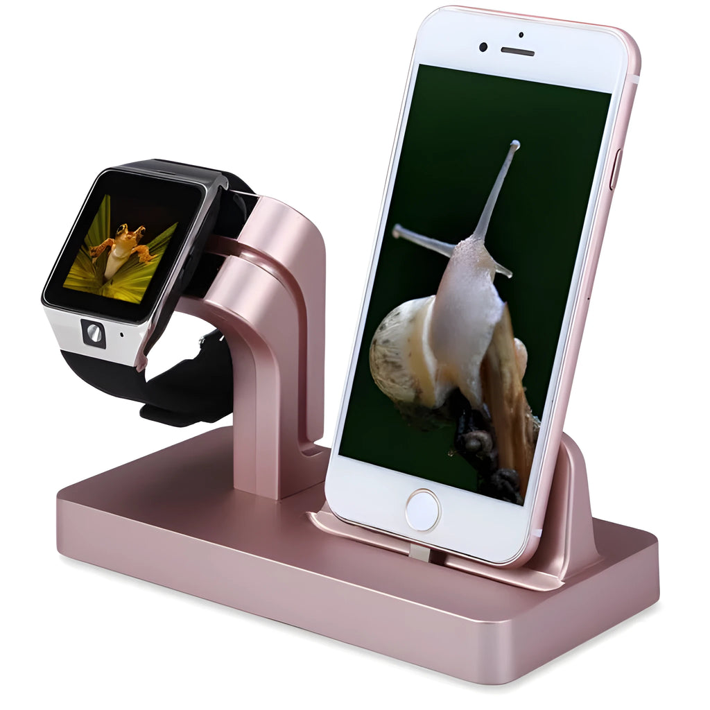 White 2-in-1 desktop charging dock holding an iPhone and an Apple Watch simultaneously.