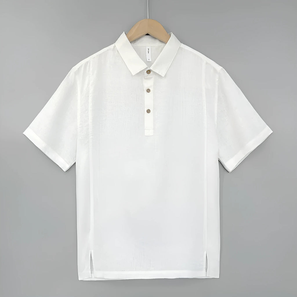Men's loose grey green linen short sleeve top with thin lapels on a hanger