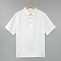 Men's loose grey green linen short sleeve top with thin lapels on a hanger