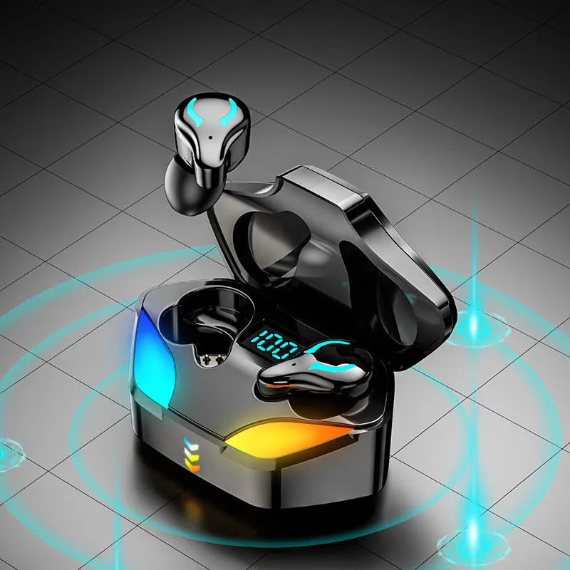 Black wireless Bluetooth gaming headset with in-ear design for mobile gaming without audio delay